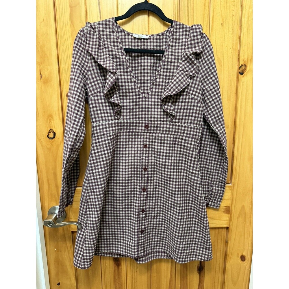 Le Lis Burgundy Taupe Checkered Dress Sz Medium Cottagecore Casual Dress